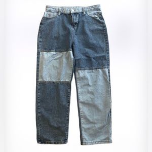 VTG patchwork color blocked denim sky blue on azul unisex jeans womens 32-33